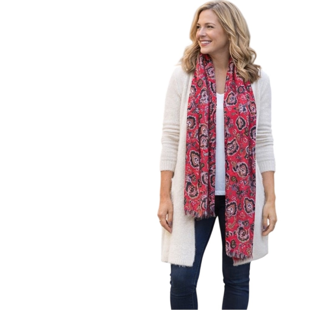 J. Crew 100% Wool Long Scarf Red Paisley | Lightweight Breathable All Season